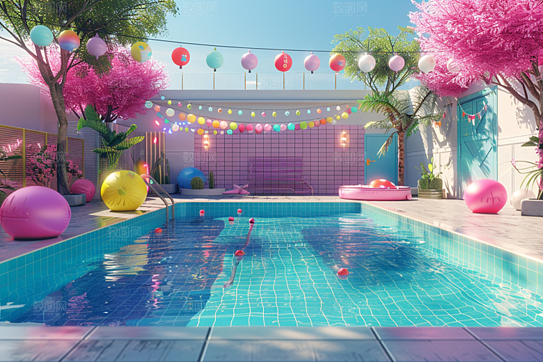 C4D泳池游泳度假模型