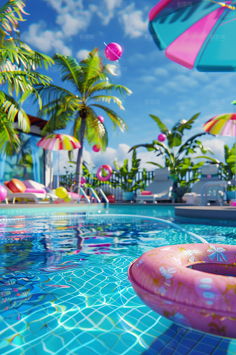 C4D泳池轰趴夏日模型