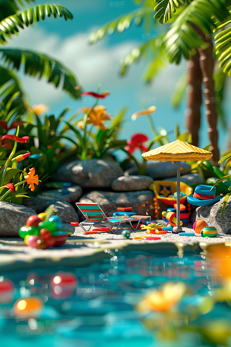 C4D泳池氛围度假模型