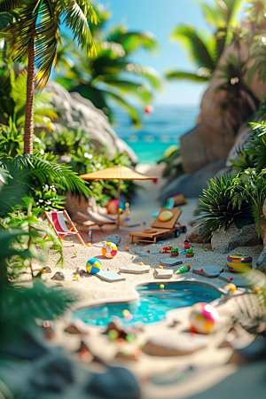 C4D泳池薄荷色海岛旅游模型