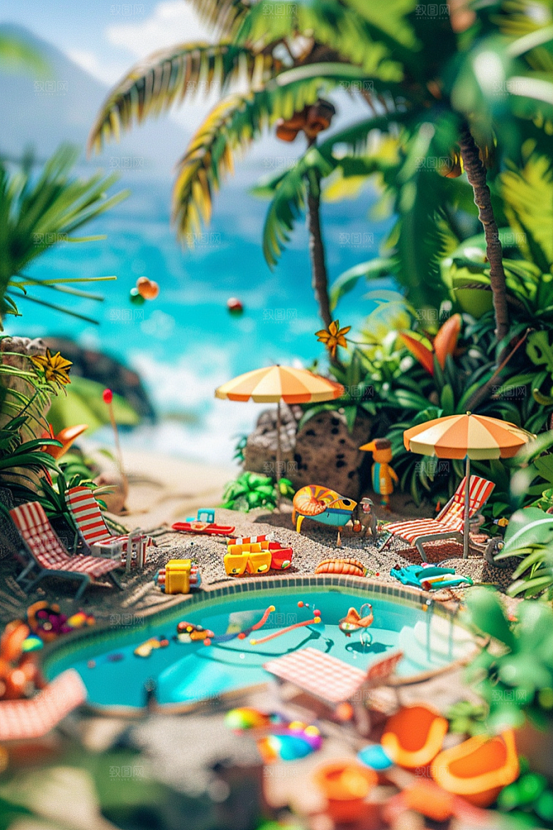 C4D泳池轰趴夏日模型