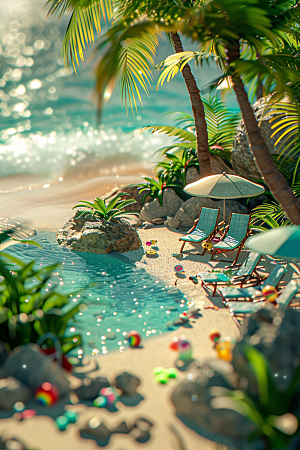 C4D泳池度假村海岛旅游模型