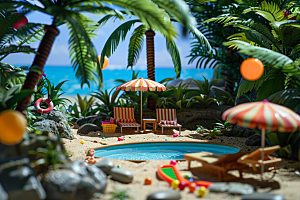 C4D泳池3D海岛旅游模型