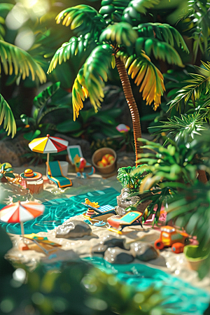 C4D泳池别墅度假村模型