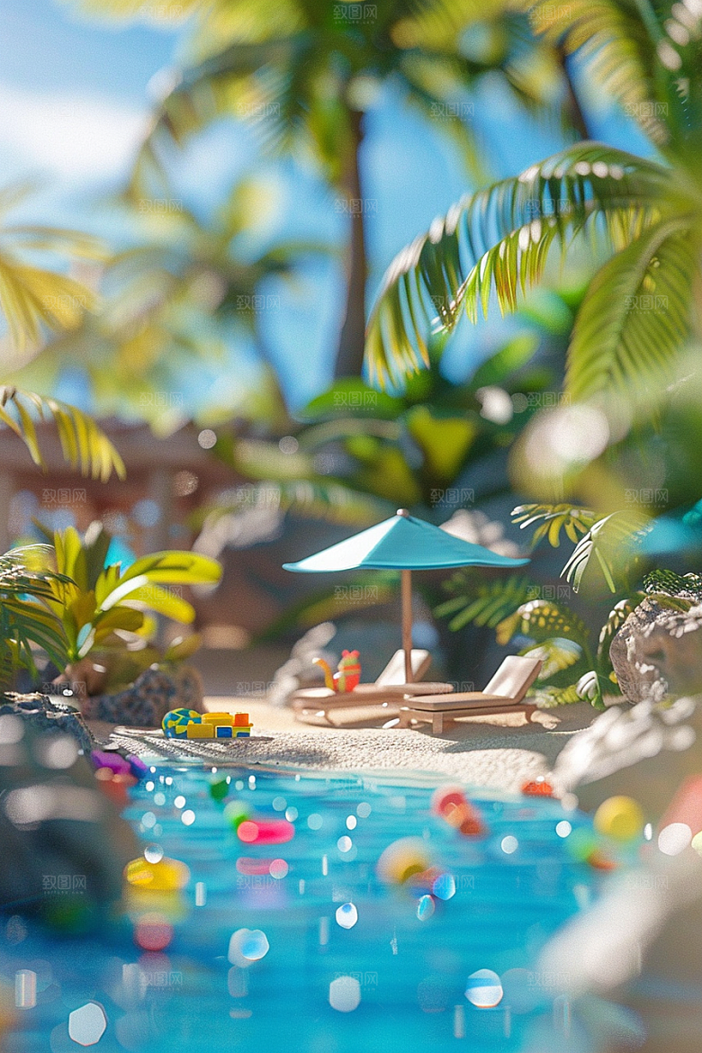 C4D泳池别墅夏日模型