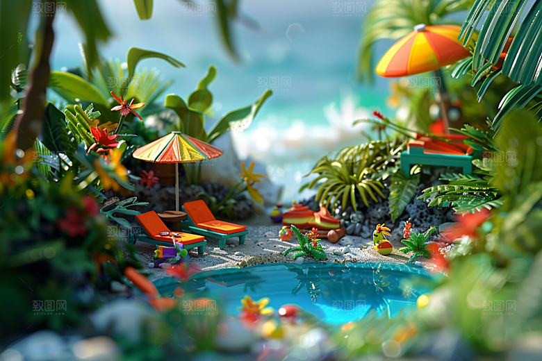 C4D泳池3D海岛旅游模型