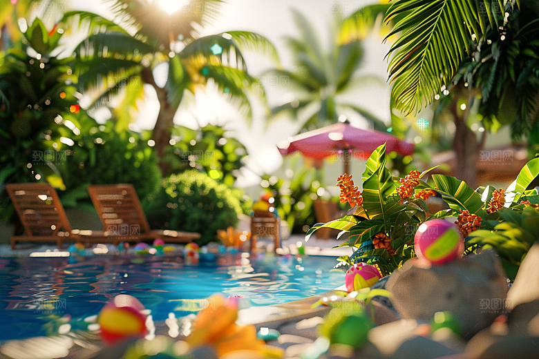 C4D泳池别墅夏天模型