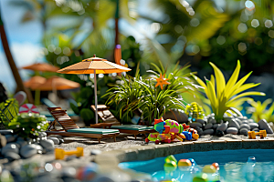 C4D泳池别墅度假村模型
