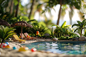 C4D泳池海岛旅游度假模型