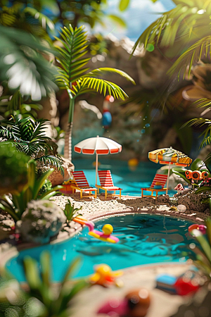 C4D泳池氛围水上乐园模型