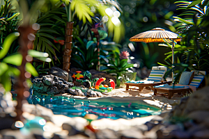 C4D泳池别墅海岛旅游模型