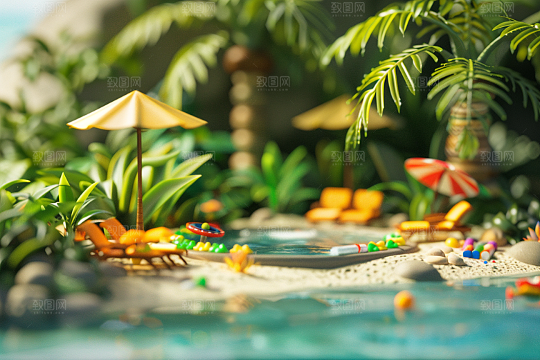 C4D泳池夏天度假村模型