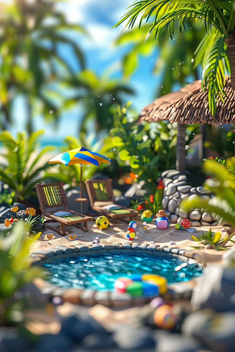 C4D泳池轰趴夏日模型