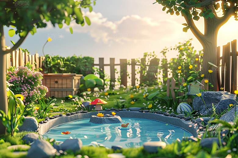 C4D泳池夏天度假村模型