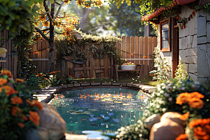 C4D泳池3D别墅模型