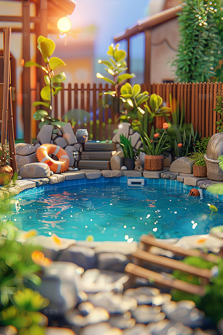 C4D泳池氛围别墅模型