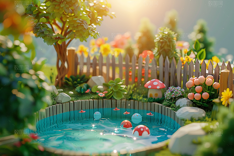 C4D泳池别墅度假模型