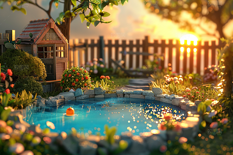 C4D泳池氛围度假模型