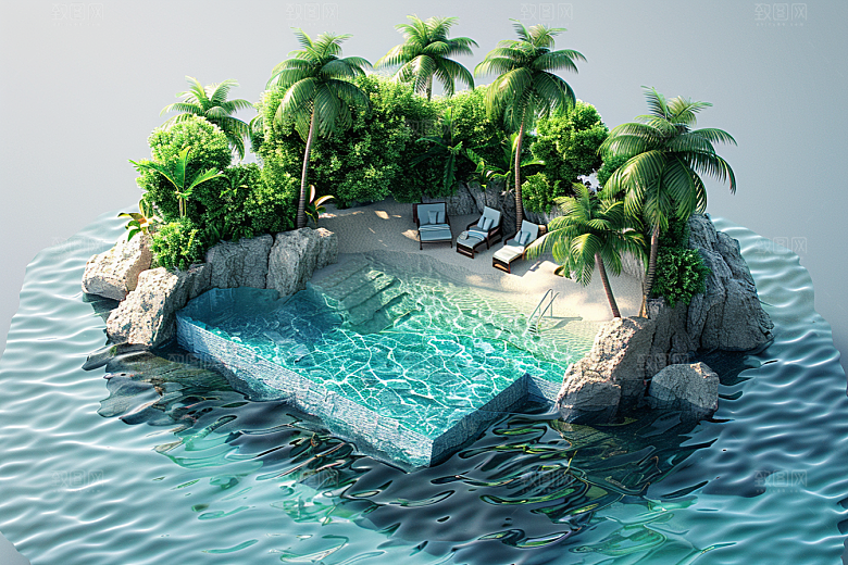 C4D泳池薄荷色夏天模型