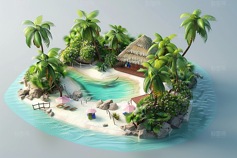C4D泳池氛围海岛旅游模型