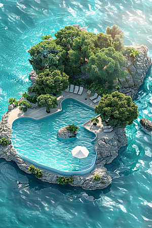 C4D泳池夏日海岛旅游模型
