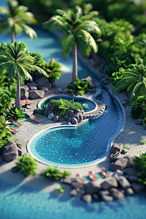 C4D泳池高清度假村模型