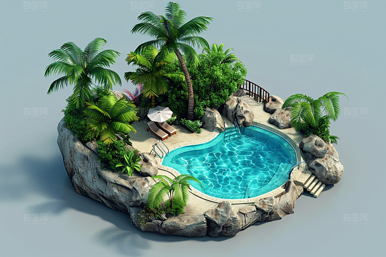 C4D泳池3D夏日模型