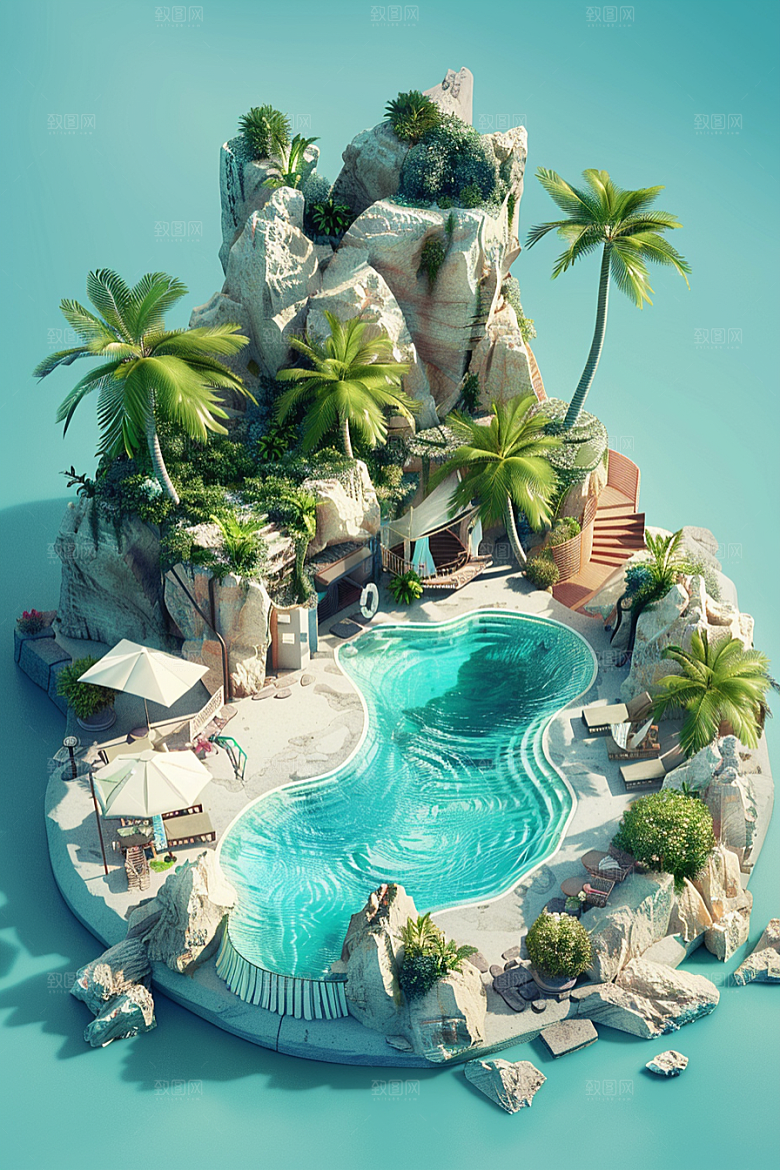 C4D泳池海岛旅游立体模型