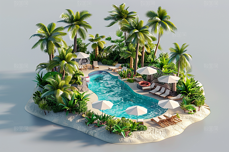 C4D泳池度假别墅模型