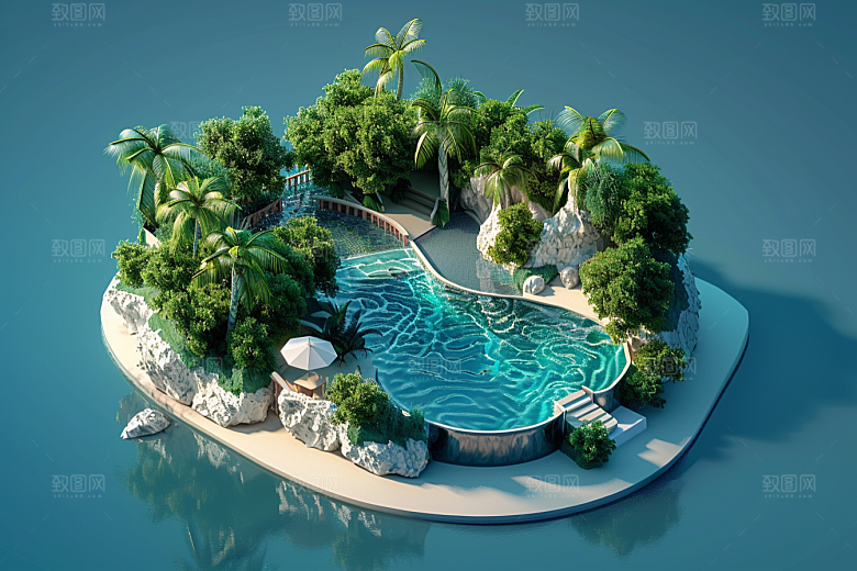 C4D泳池游泳水上乐园模型