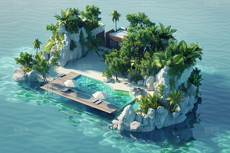 C4D泳池夏日氛围模型