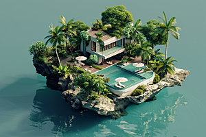 C4D泳池游泳海岛旅游模型