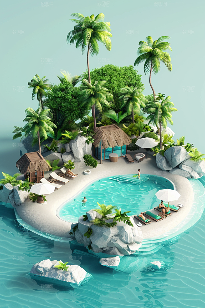 C4D泳池度假夏日模型