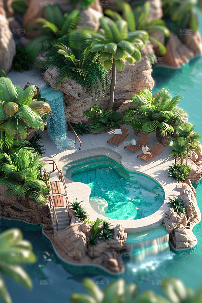 C4D泳池薄荷色氛围模型