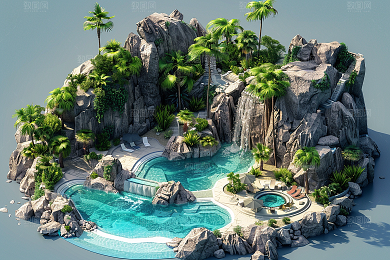 C4D泳池别墅夏日模型