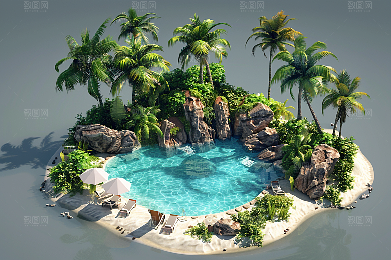 C4D泳池薄荷色夏日模型