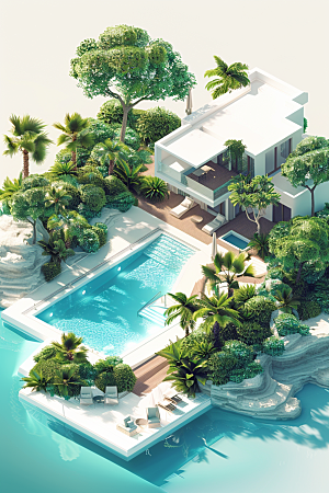 C4D泳池立体别墅模型