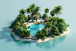 C4D泳池度假村海岛旅游模型