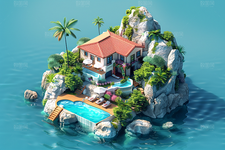 C4D泳池别墅夏日模型