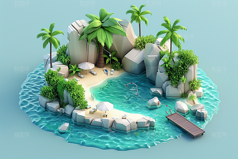 C4D泳池别墅夏日模型