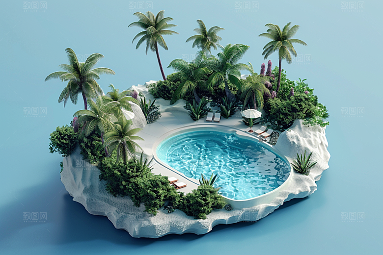 C4D泳池海岛旅游氛围模型