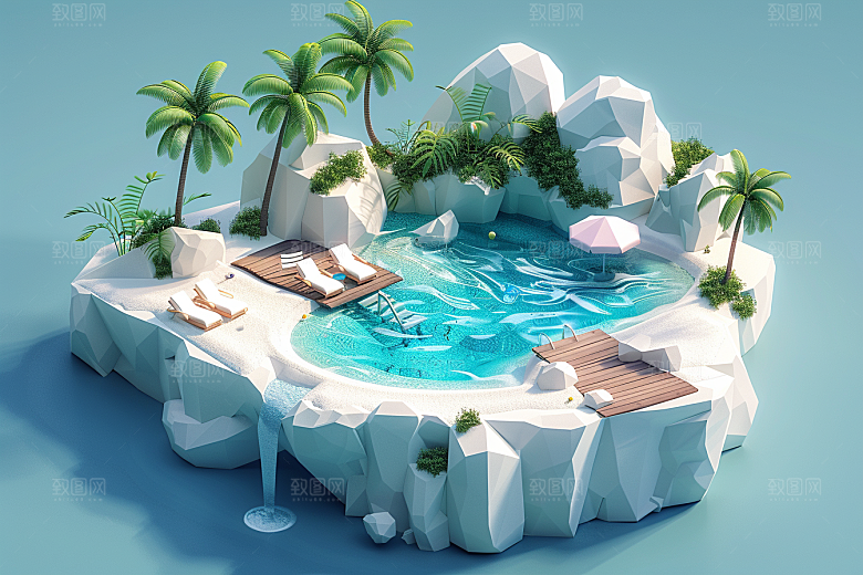 C4D泳池氛围度假村模型