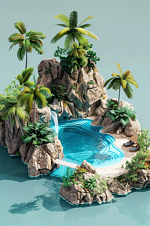 C4D泳池度假水上乐园模型