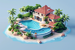 C4D泳池海岛旅游游泳模型