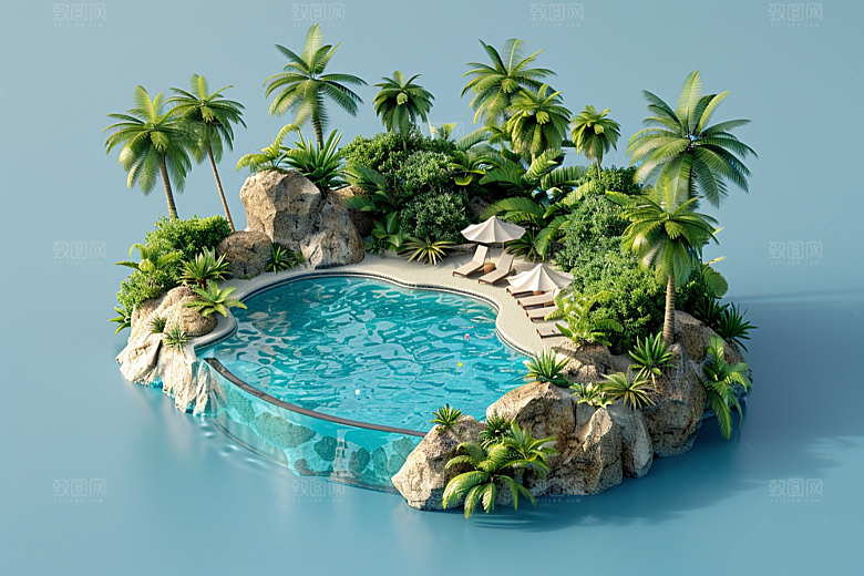 C4D泳池度假村氛围模型