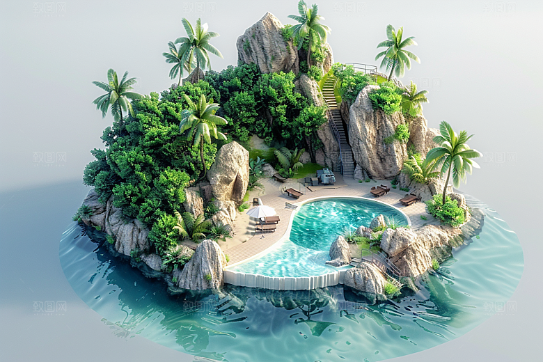 C4D泳池度假村立体模型
