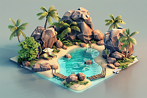 C4D泳池夏天度假村模型
