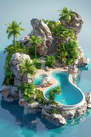 C4D泳池薄荷色别墅模型