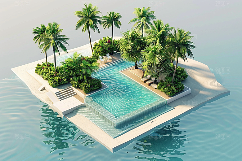 C4D泳池游泳度假村模型