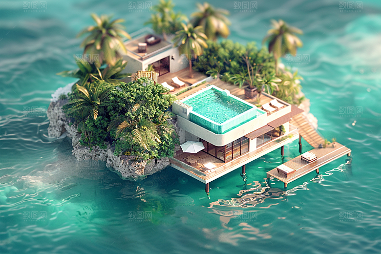 C4D泳池度假夏天模型
